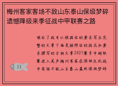 梅州客家客场不敌山东泰山保级梦碎遗憾降级来季征战中甲联赛之路 梅州客家客场不敌山东泰山保级梦碎遗憾降级来季征战中甲联赛之路