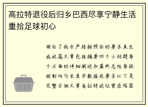 高拉特退役后归乡巴西尽享宁静生活重拾足球初心 高拉特退役后归乡巴西尽享宁静生活重拾足球初心