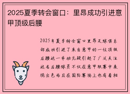 2025夏季转会窗口：里昂成功引进意甲顶级后腰