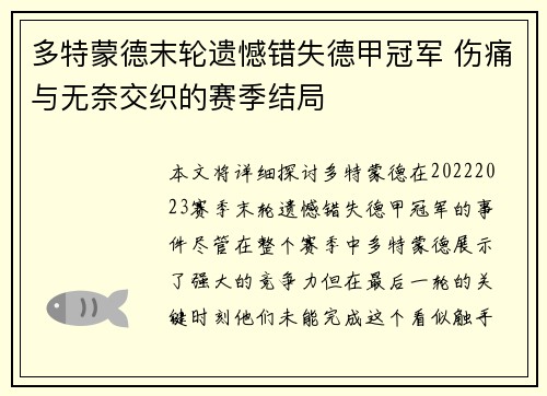多特蒙德末轮遗憾错失德甲冠军 伤痛与无奈交织的赛季结局